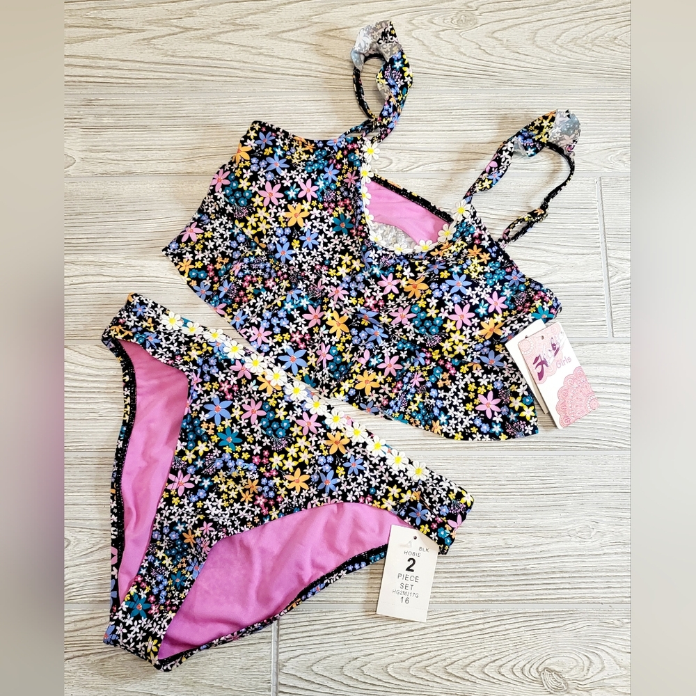 Hobie Girl's 2 Piece Bikini Size 16 Multi Ditsy Floral Ruffled Bralette Swim Set